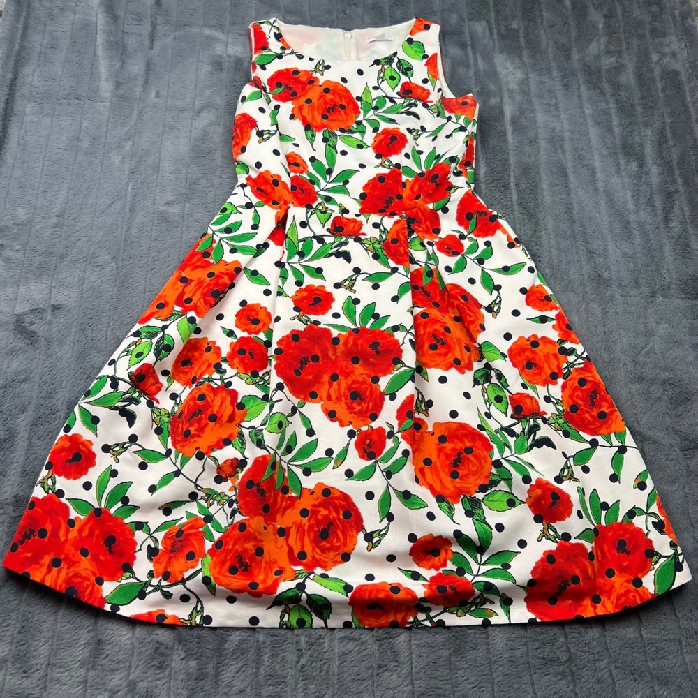New York & Company Red Floral Polka Dot Fit Flare Dress Size 6 Sleeveless 15148